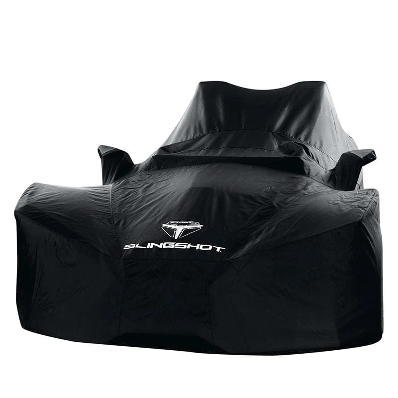 A black car cover wrapped around a Slingshot