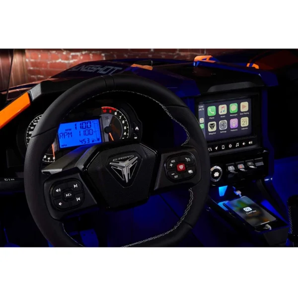 Black and blue car interiors with an open monitor