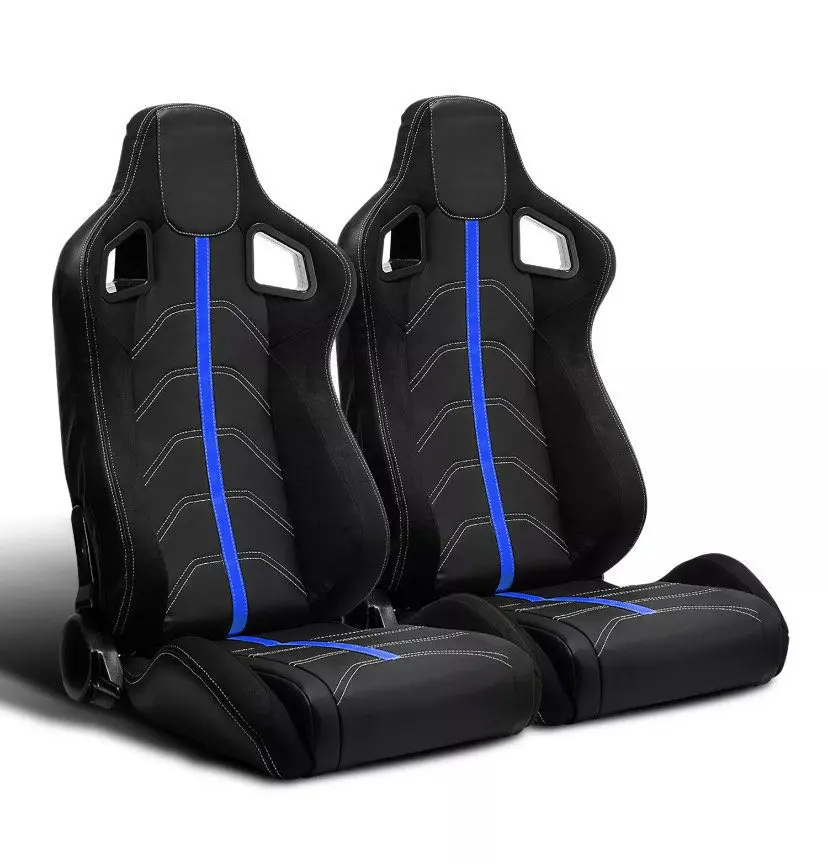 Two black car seats with blue lines