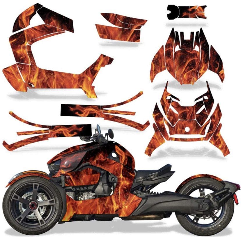 A fiery decal for a three-wheeled vehicle