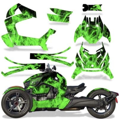 Black and green fiery decal for a three-wheeled vehicle