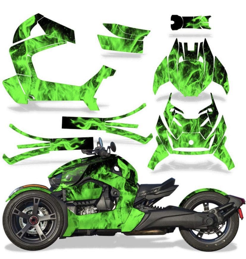 Black and green fiery decal for a three-wheeled vehicle