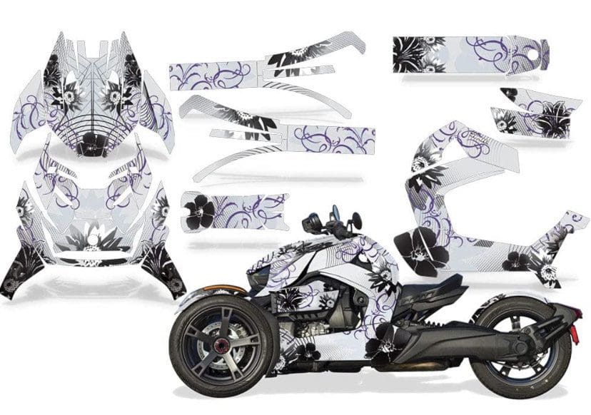 Black and white decals for a three-wheeled vehicle