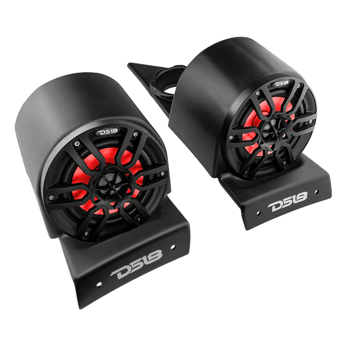 Pair of black and red car speakers with mounting brackets.