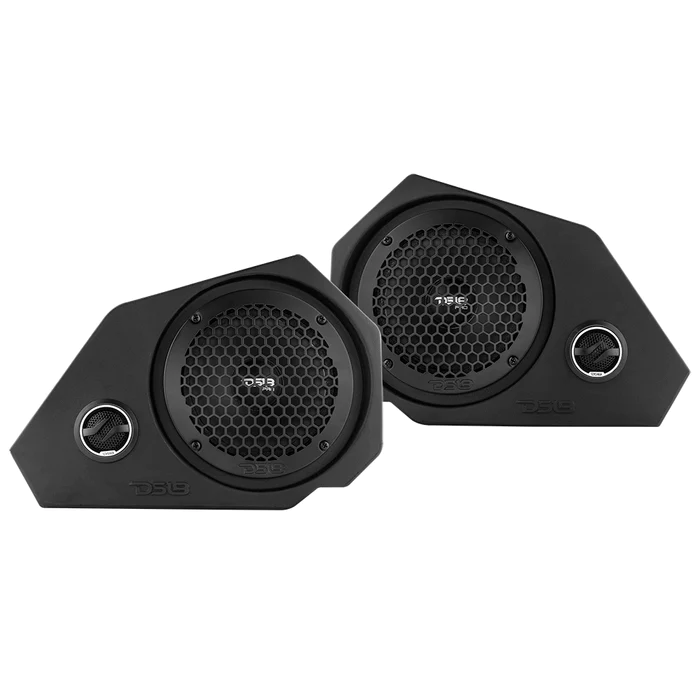 Pair of black, angular car speakers with protective grills.
