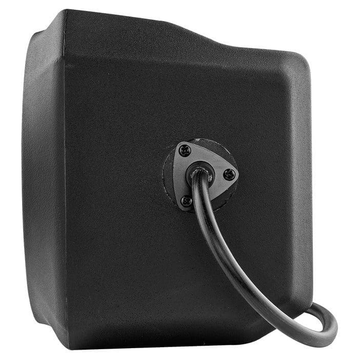 Black speaker with a cable attached at the back.