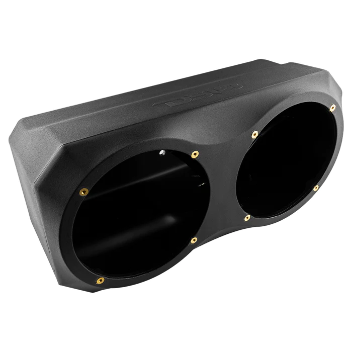 Black dual speaker enclosure with gold screws.