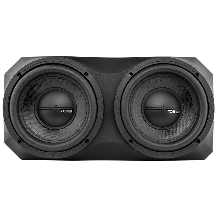 A black dual subwoofer speaker in a rectangular enclosure.