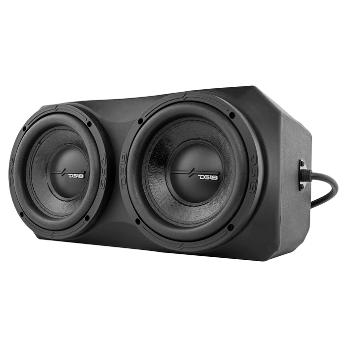 Black dual subwoofer speaker in a rectangular enclosure.