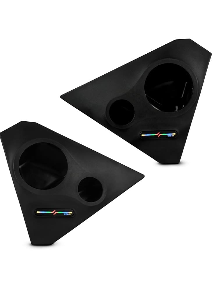 IMG_4630 Two black triangular speaker stands with circular cutouts.