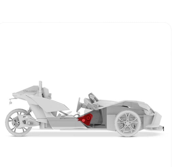 unnamed (5) White three-wheeled vehicle with exposed mechanical parts and red seat.