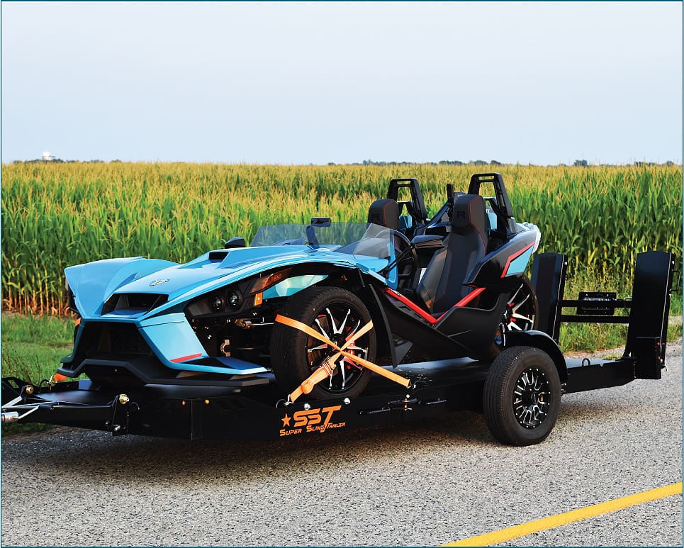 Introducing the SST Super Sling, your ultimate towing solution crafted exclusively for 2015 or newer Polaris Slingshots. Engineered with robust all-steel construction and a sleek black powder-coated finish, this trailer is built to endure rugged conditions with style.