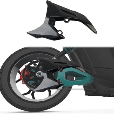 Close-up of a rear electric motorcycle wheel and swingarm.